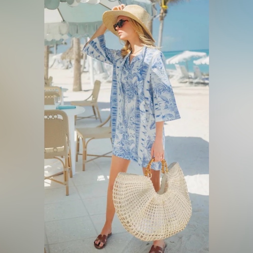 Tuckernuck Beach Menagerie Toile Marsielle Caftan Blue & White Sz Small